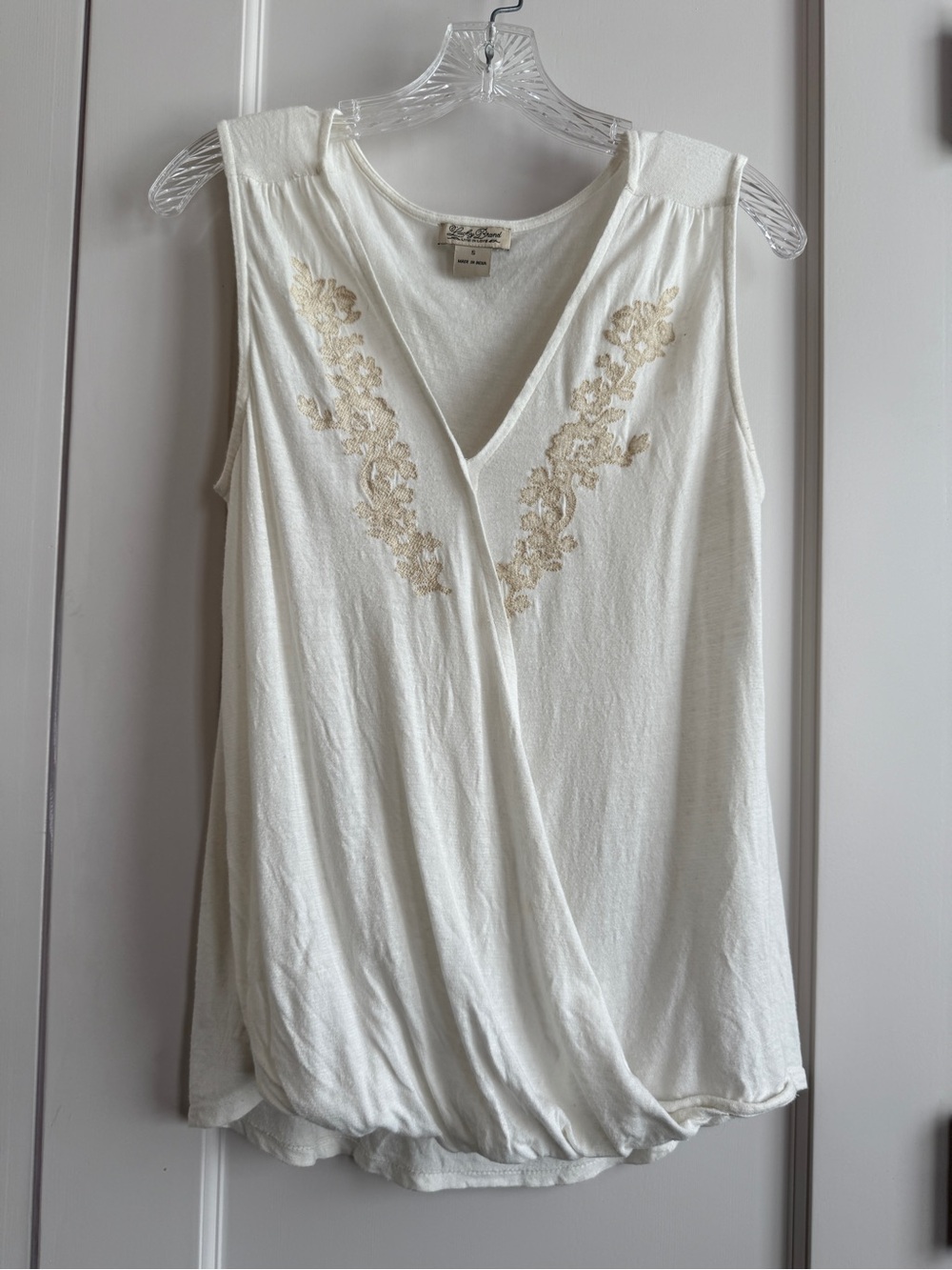 Lucky Brand Sleeveless Crossover V-Neck Top with Embroidered Detail